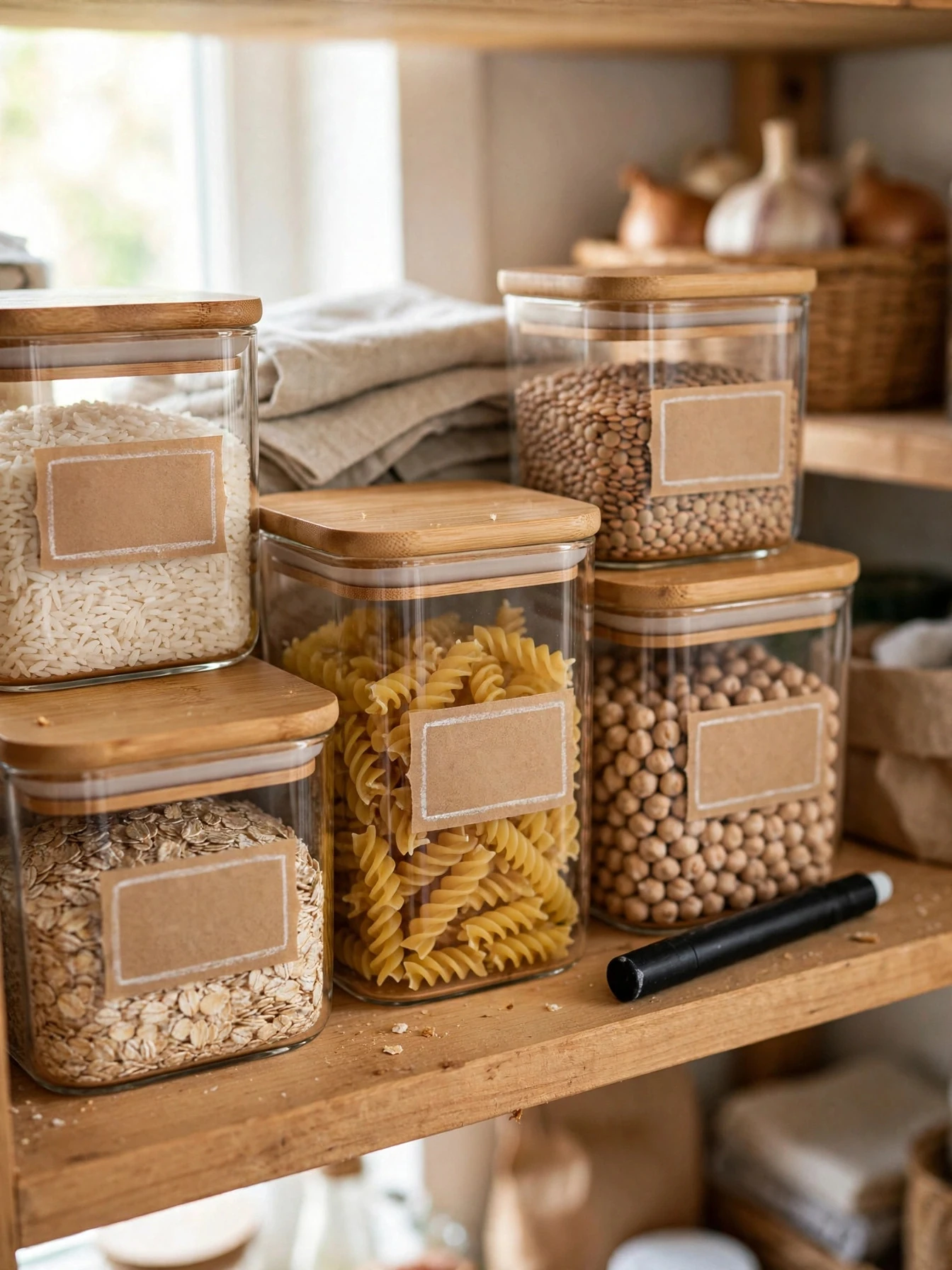 Labeled pantry containers and bins with handwritten chalk labels