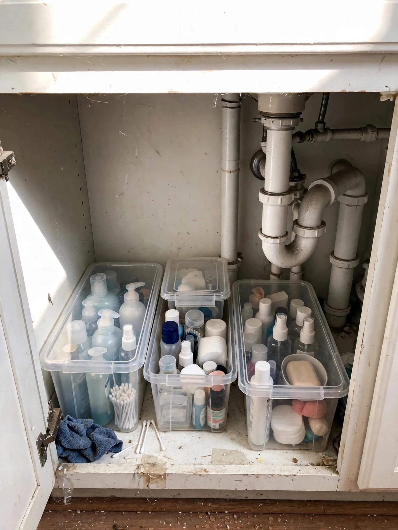 Stackable clear bins under the sink holding sponges, dishwasher pods and cleaning supplies in two neat levels
