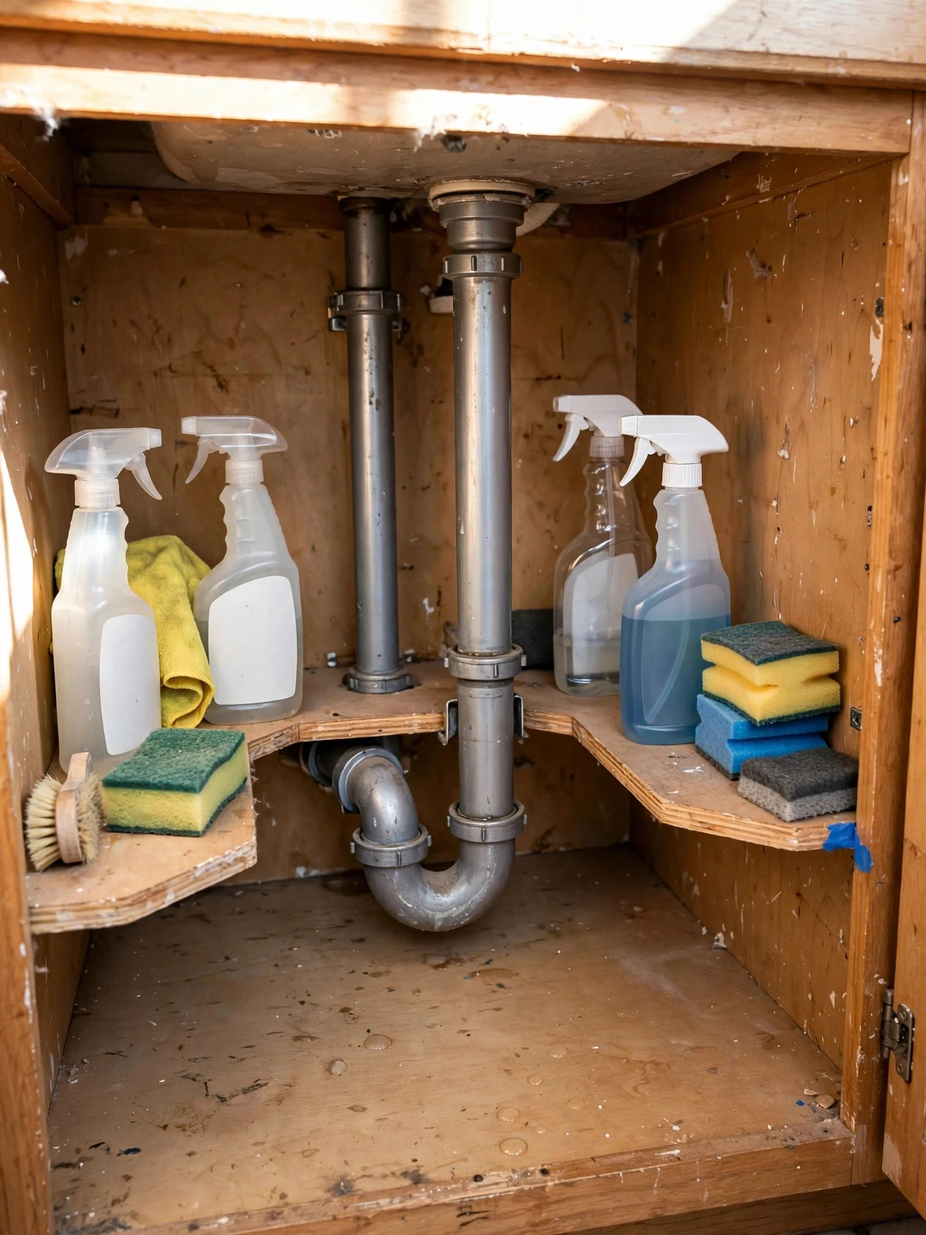 Two-tier pull-out organizer under the kitchen sink sliding out to reveal bottles stored on both levels