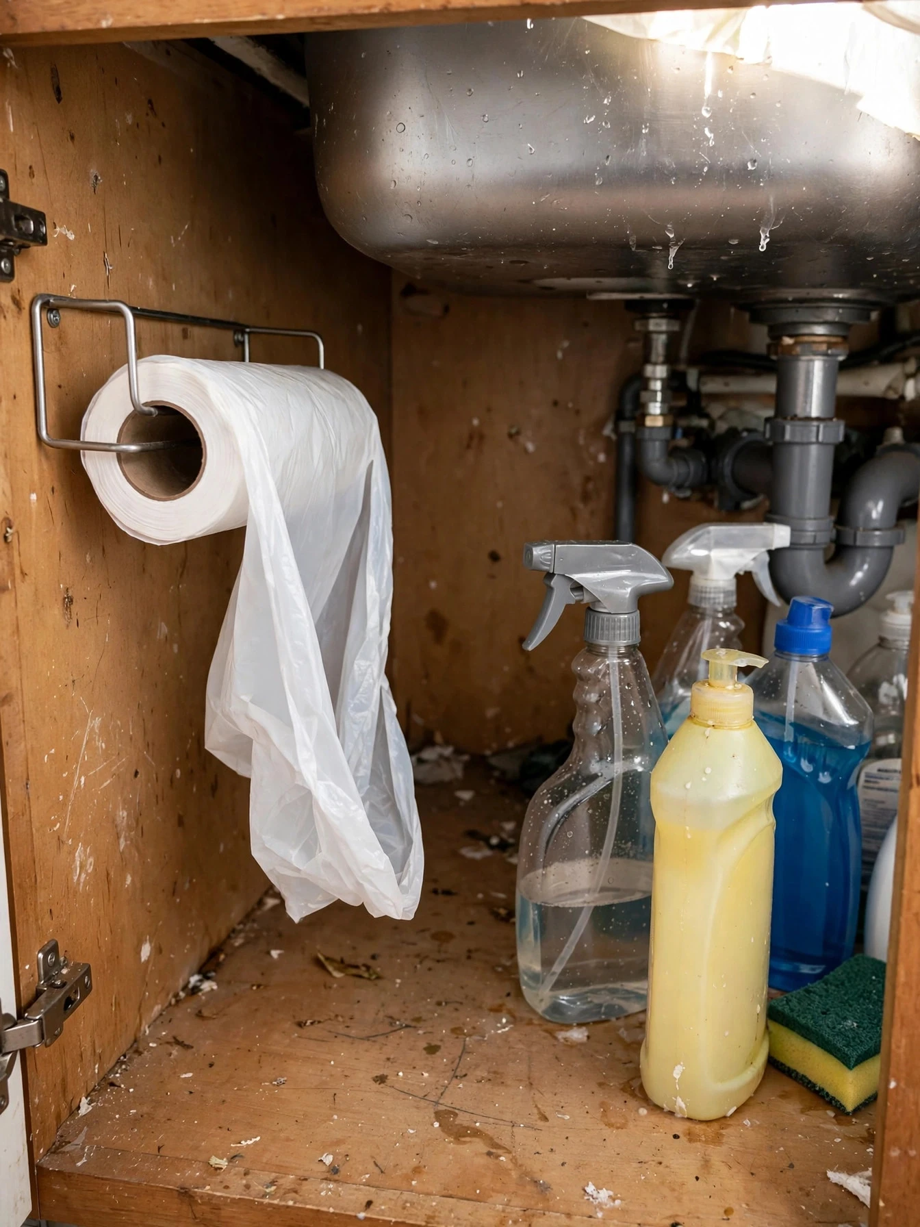 Portable cleaning caddy stored under the sink, filled with spray bottles and cloths and ready to carry from room to room