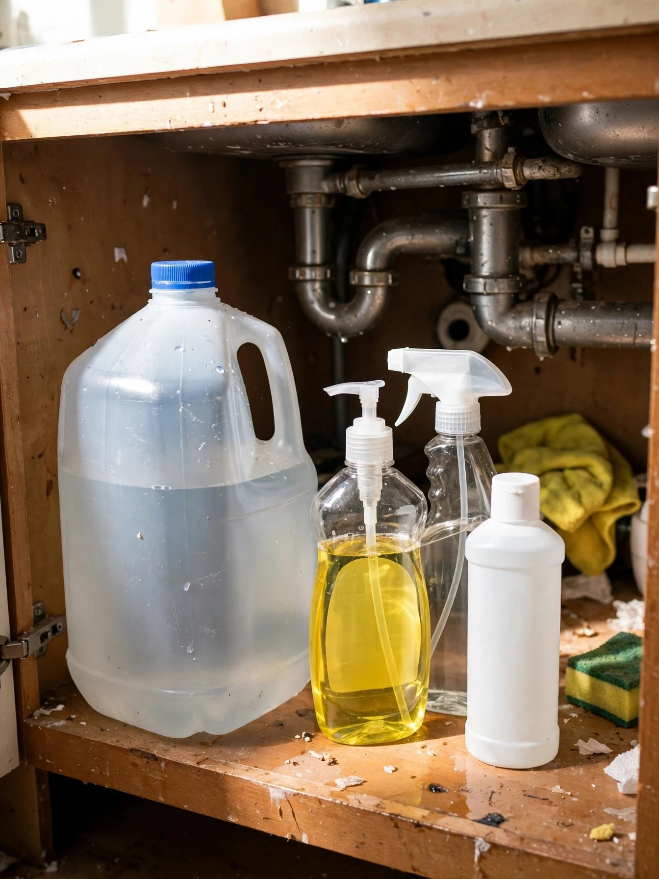 Bathroom vanity cabinet neatly organized under the sink with bins, a tiered riser and toiletries in their own zones