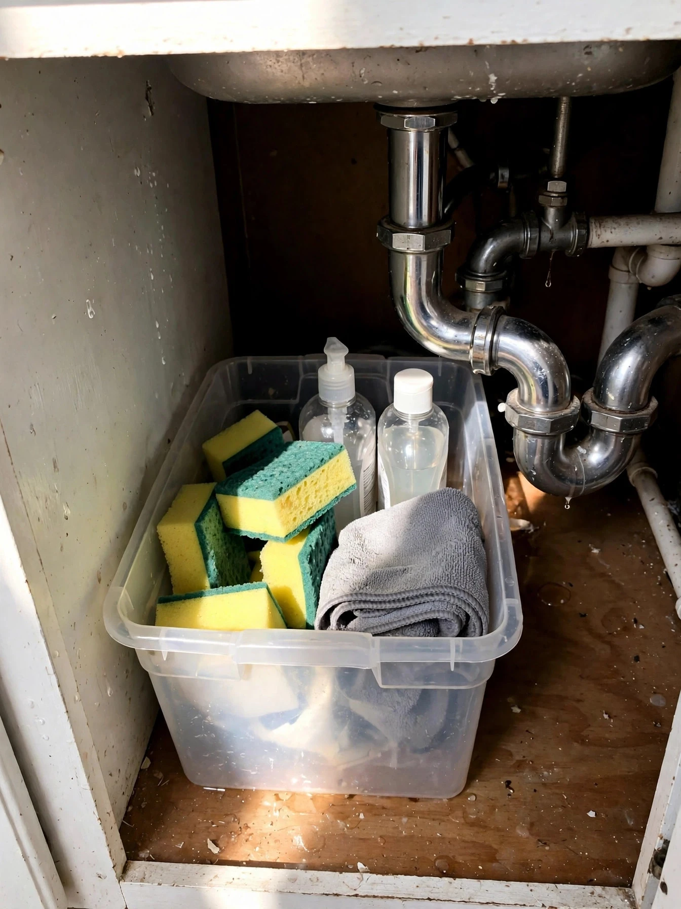 Stackable clear bins under the sink holding sponges, dishwasher pods and cleaning supplies in two neat levels