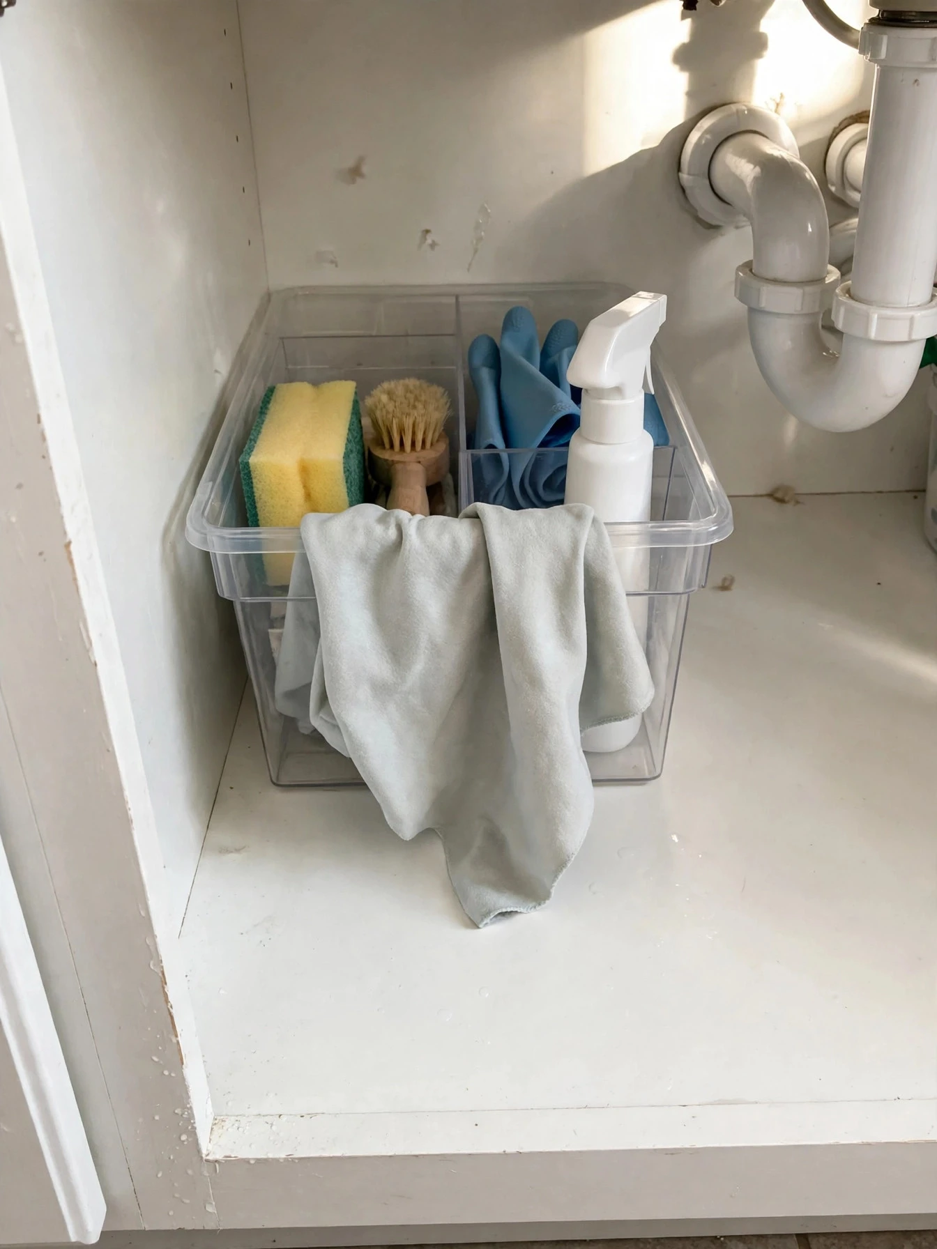 Organized cabinet under the kitchen sink with a pull-out organizer, neat bins and cleaning supplies in tidy rows