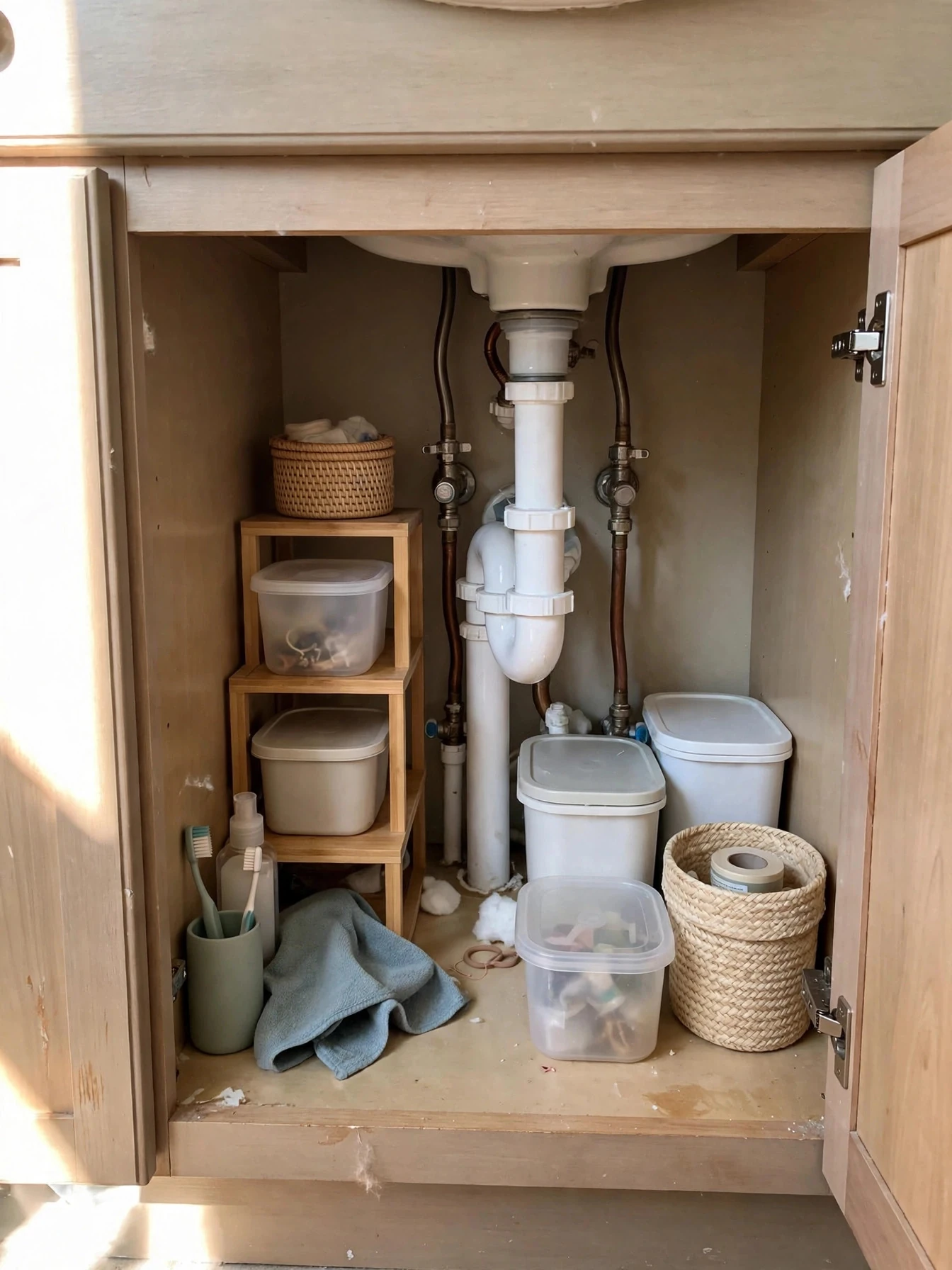 Bathroom vanity cabinet neatly organized under the sink with bins, a tiered riser and toiletries in their own zones