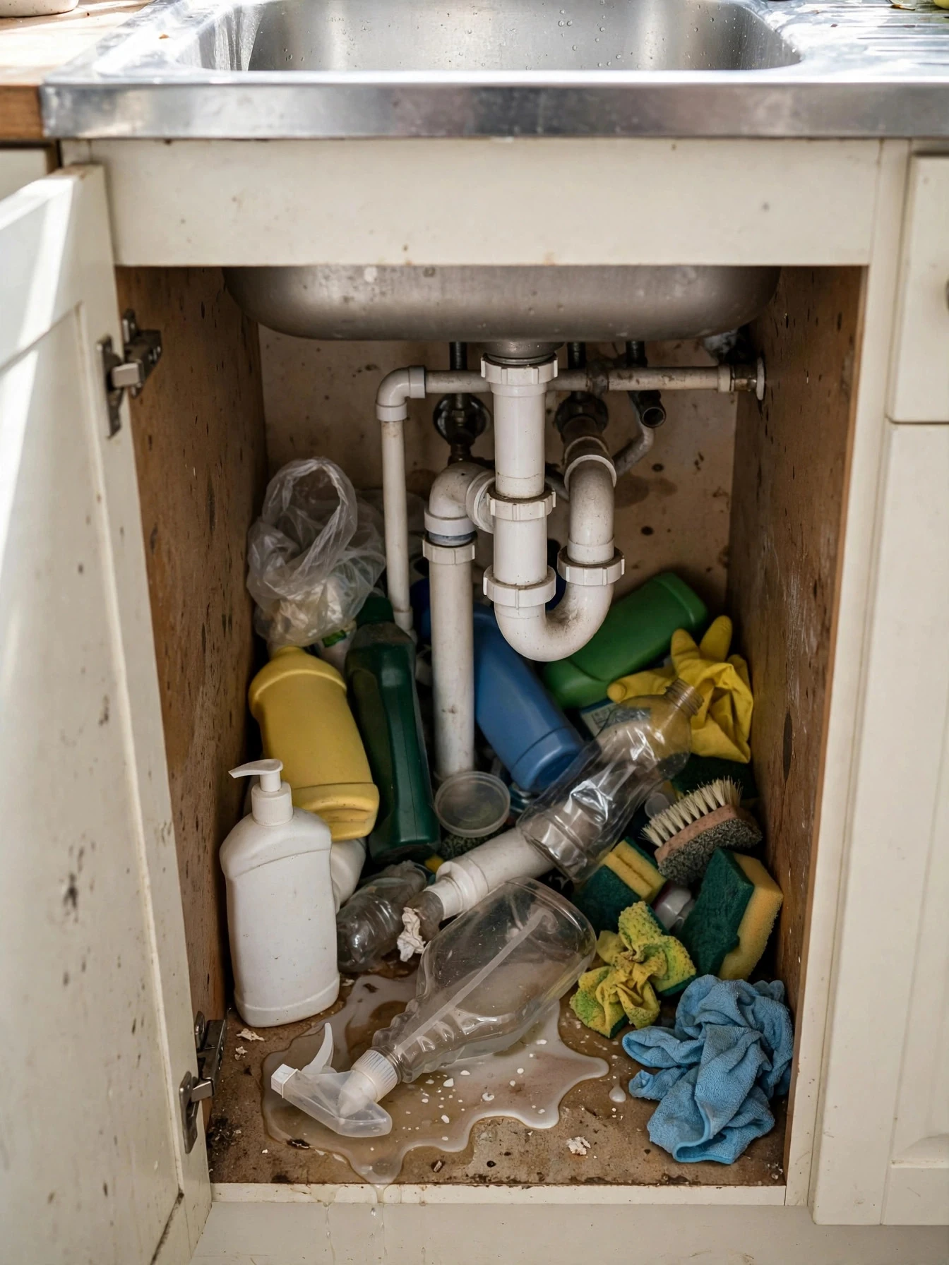 Messy cabinet under the kitchen sink before organizing, with bottles and supplies crowded haphazardly around the pipes