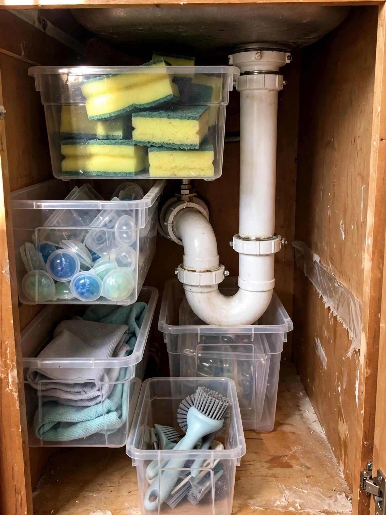 Stackable clear bins under the sink holding sponges, dishwasher pods and cleaning supplies in two neat levels