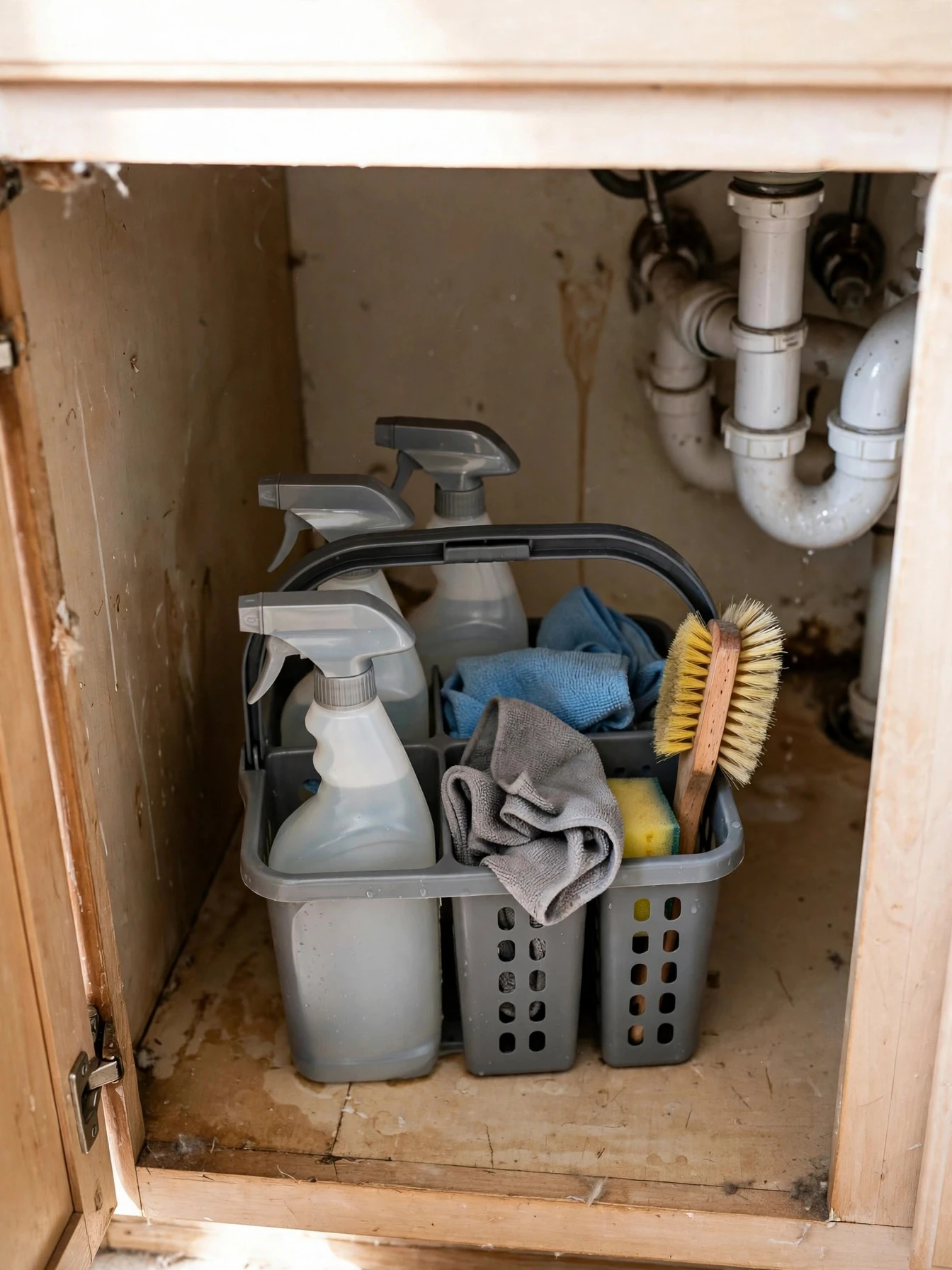Portable cleaning caddy stored under the sink, filled with spray bottles and cloths and ready to carry from room to room