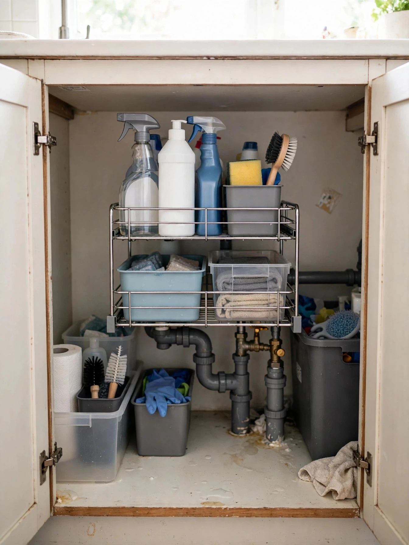 Organized cabinet under the kitchen sink with a pull-out organizer, neat bins and cleaning supplies in tidy rows