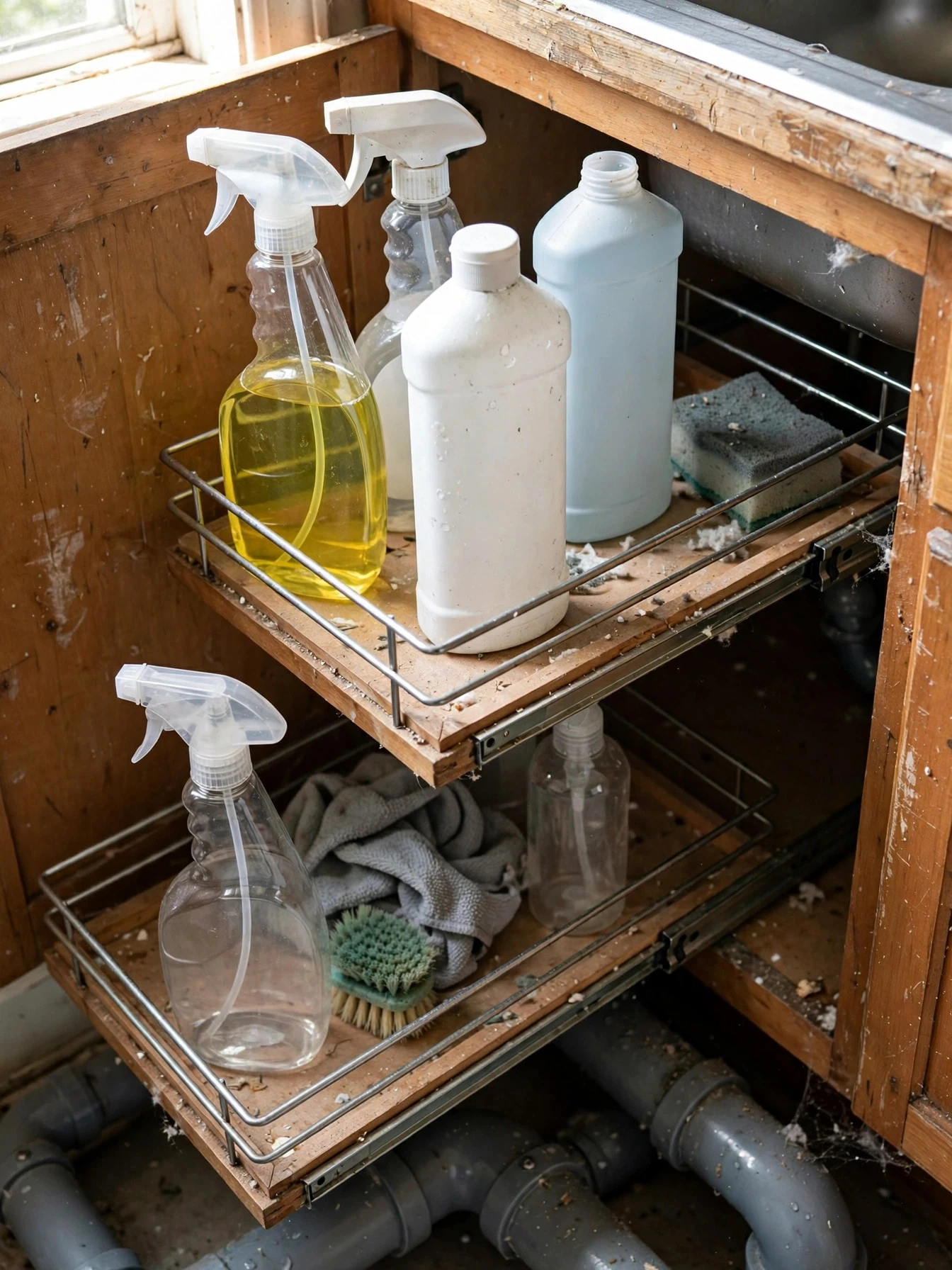 Two-tier pull-out organizer under the kitchen sink sliding out to reveal bottles stored on both levels