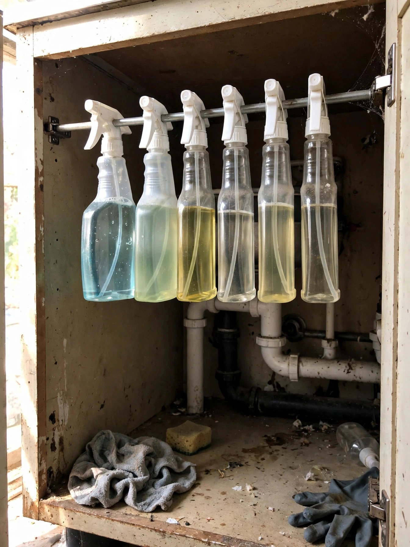 Tension rod fitted under the kitchen sink with spray bottles hanging neatly by their trigger handles