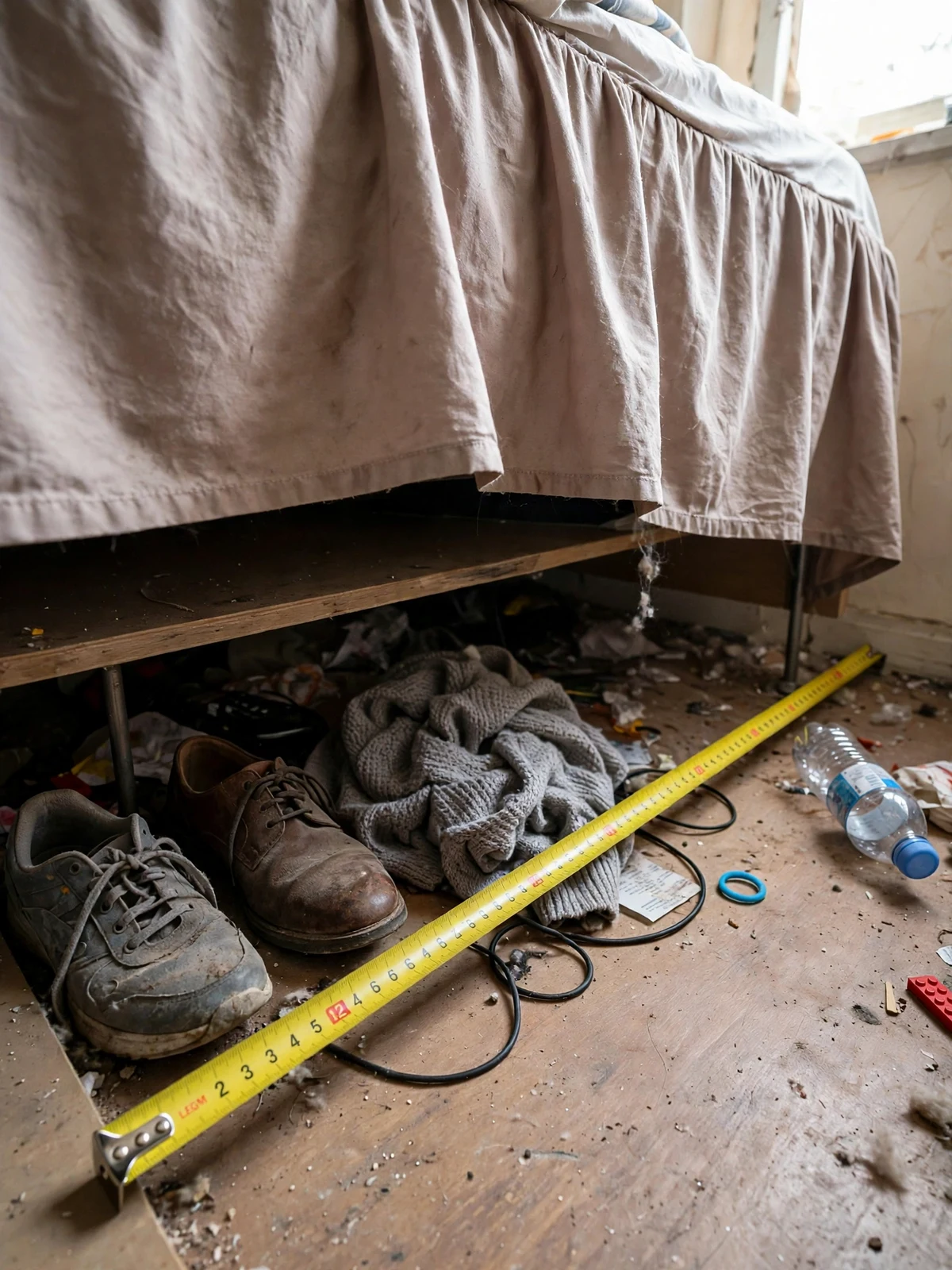 Messy space under a bed before organizing with dusty shoes, a sweater and a tape measure showing the clearance height