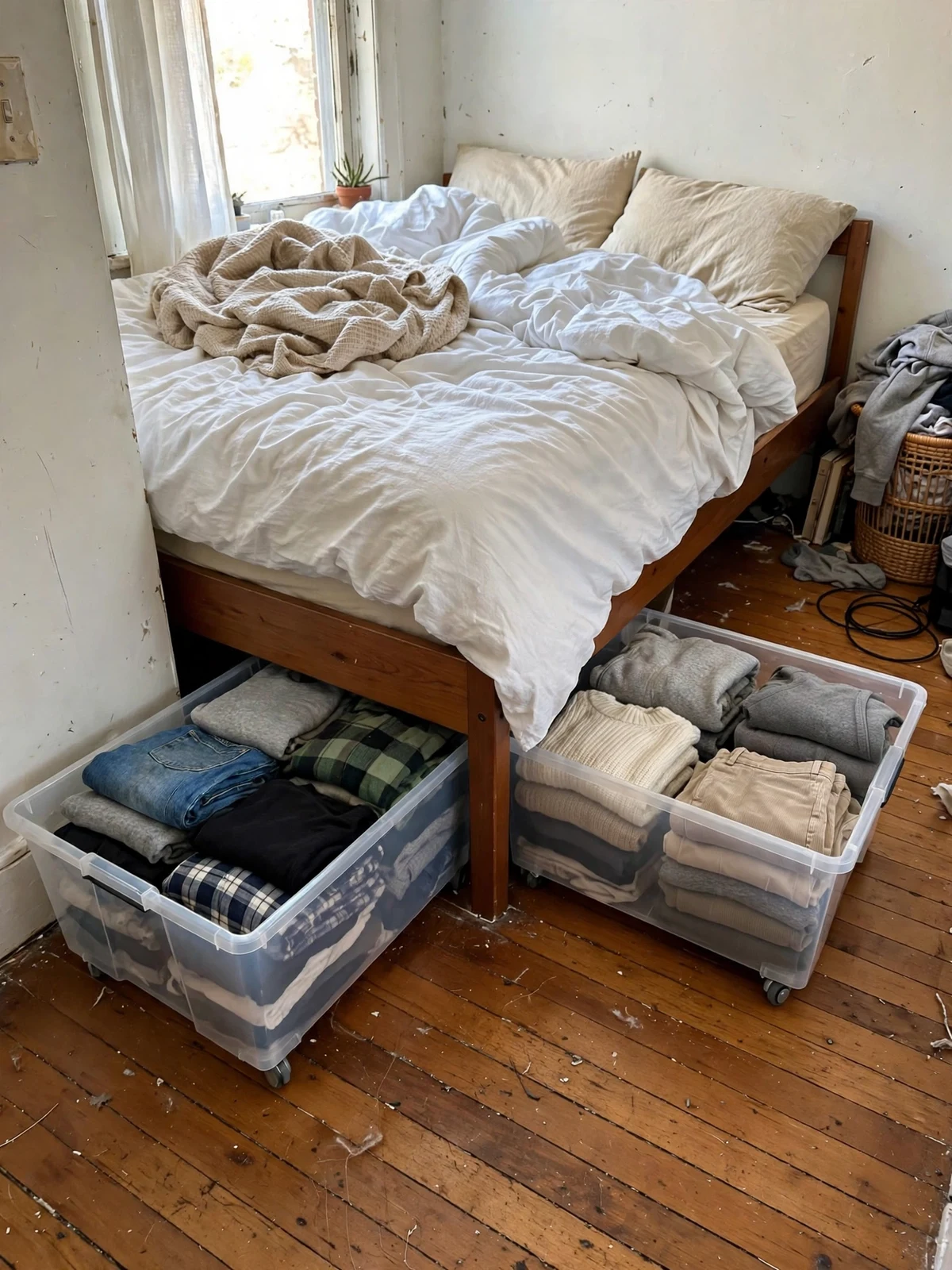 Low rolling storage bins with caster wheels half pulled out from under a bed holding folded clothes