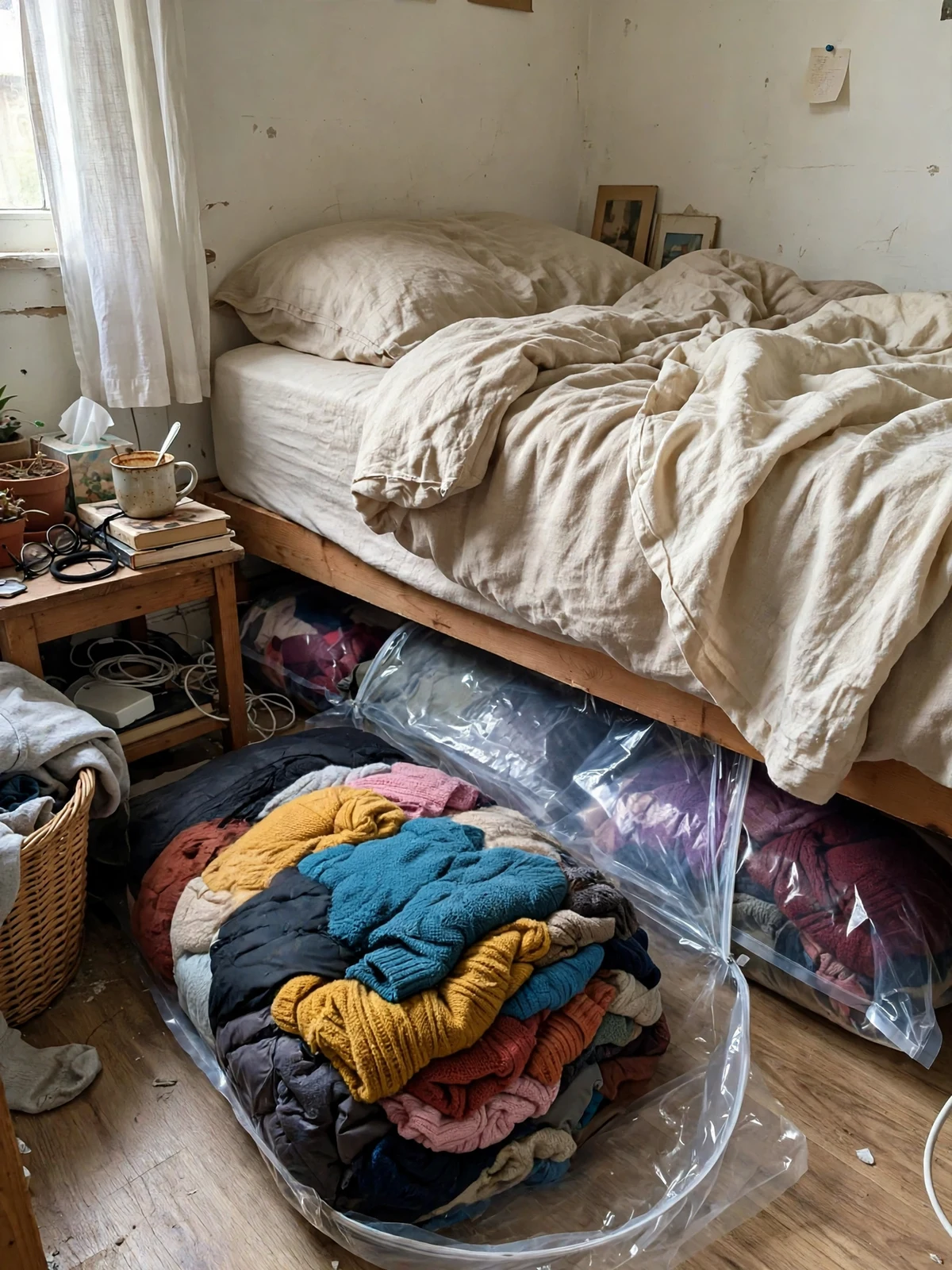 Flat vacuum storage bags filled with off-season sweaters and jackets slid under a bed