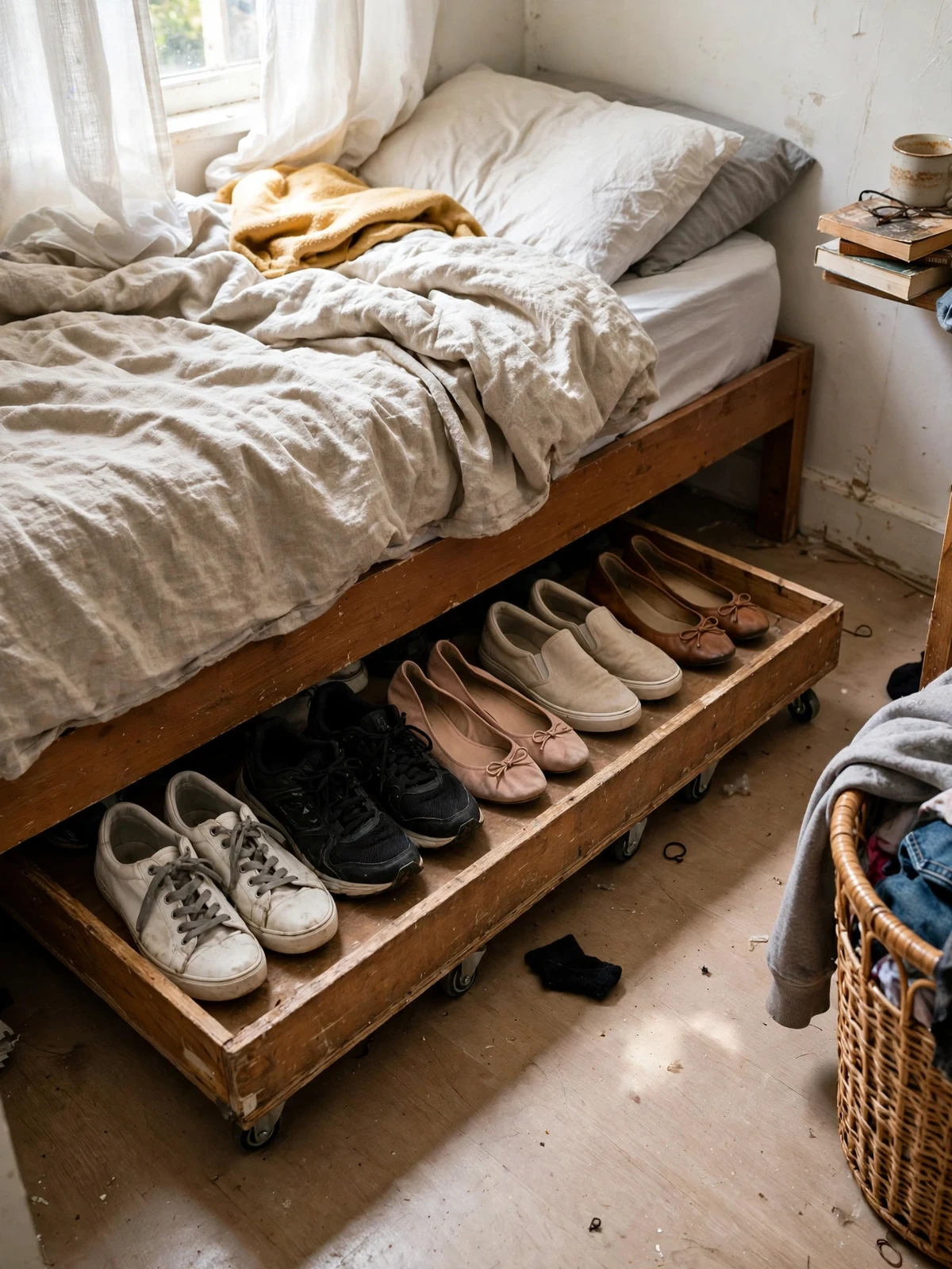 Long low rolling tray pulled out from under a bed holding several pairs of shoes in a row