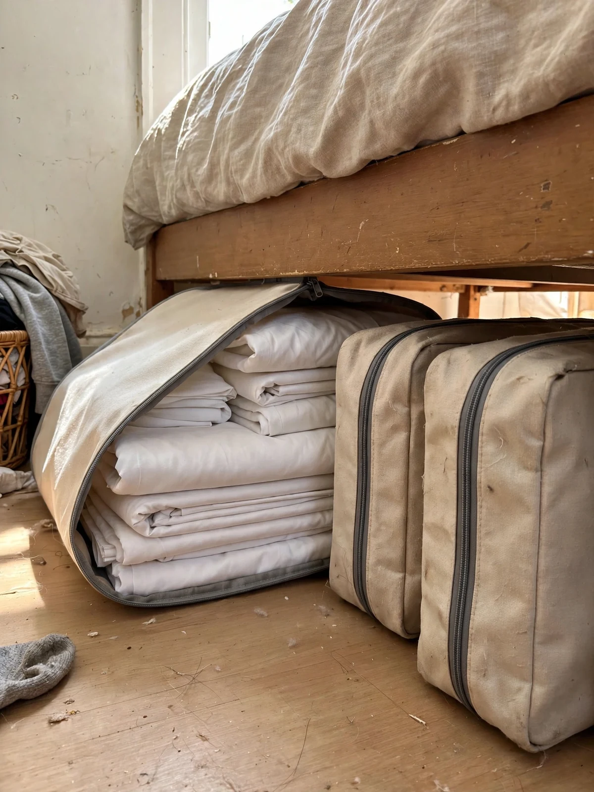 Flat fabric storage cases with zippers under a bed, one open showing folded sheets and pillowcases