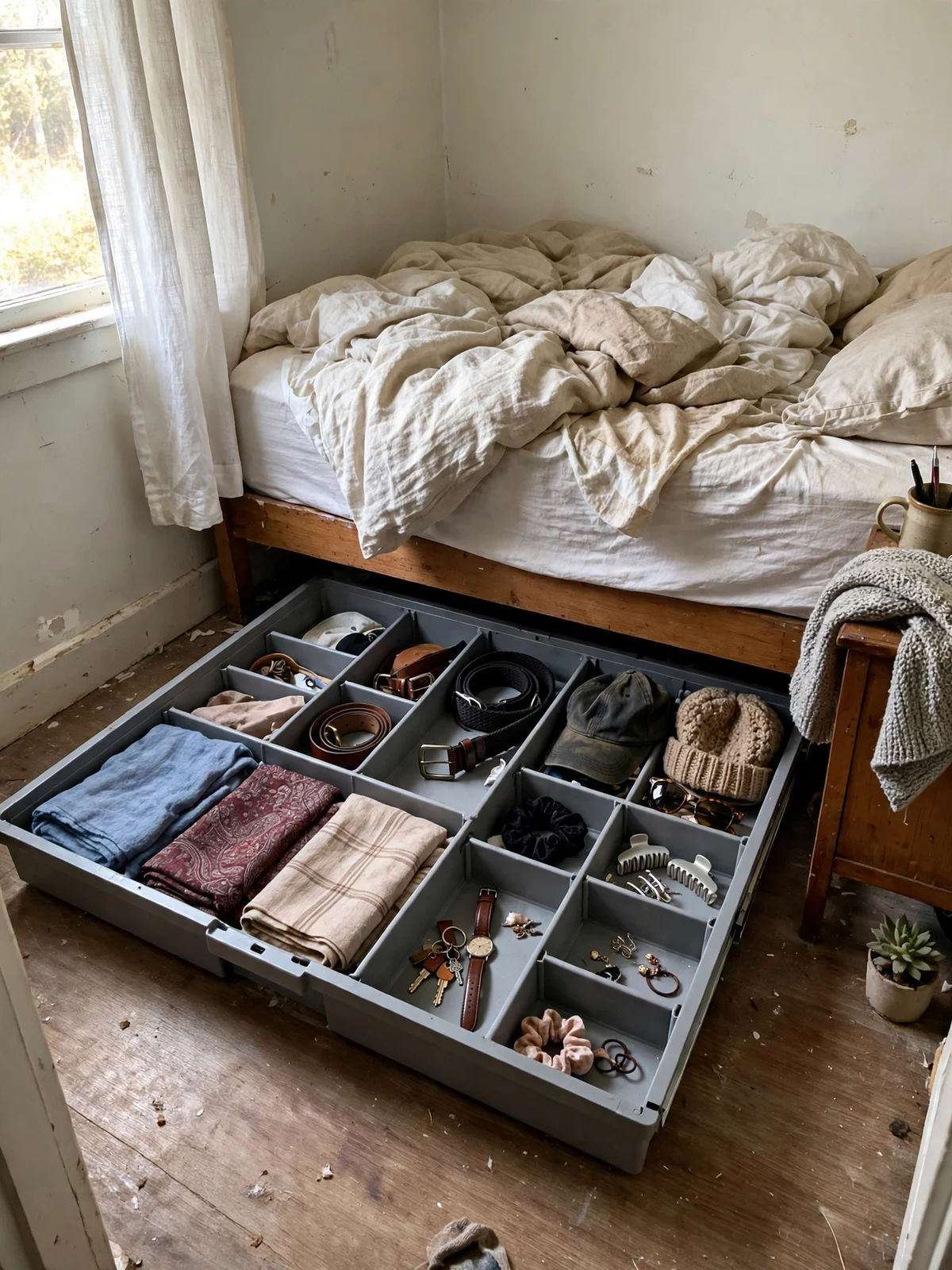 Open shallow under-bed box with adjustable dividers holding belts, scarves and small accessories