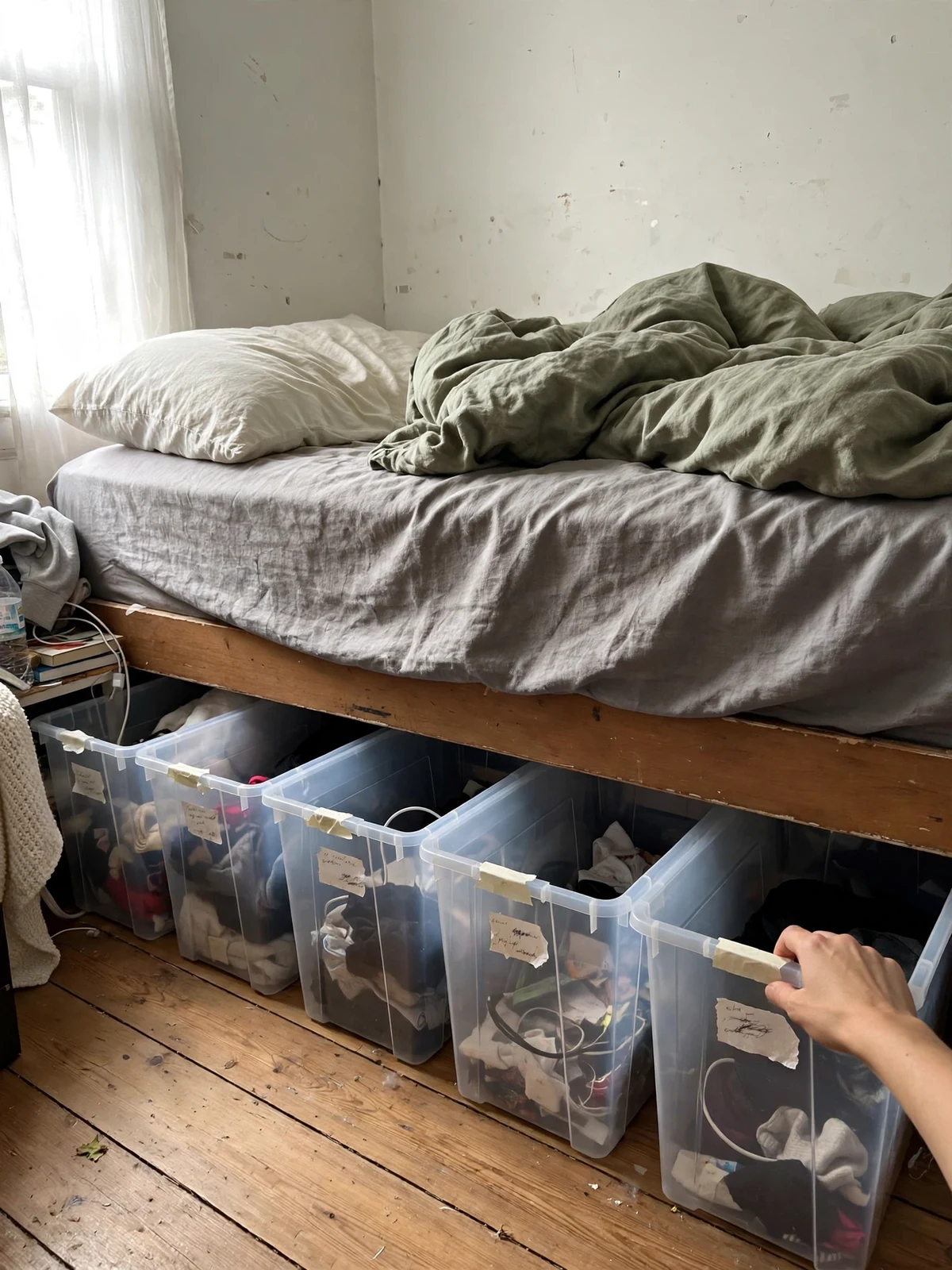 Clear under-bed bins in a row under a bed with simple labels on the front ends facing out