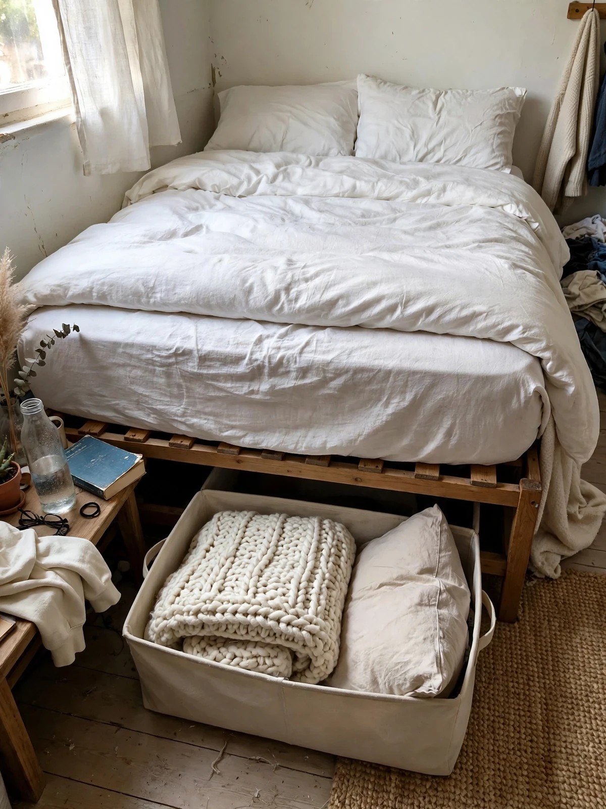 Low fabric bin pulled out from under a bed holding a folded guest blanket and an extra pillow