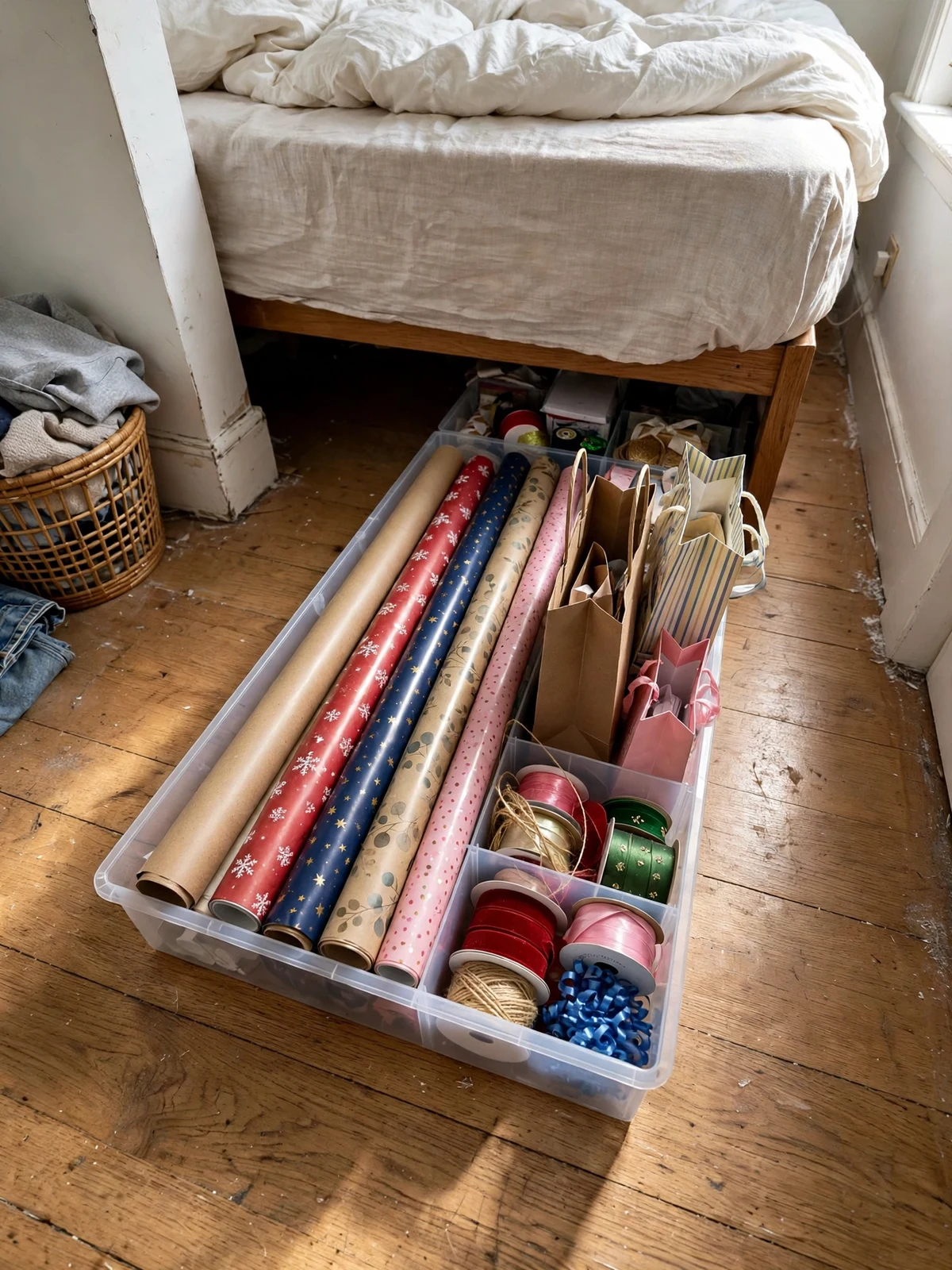 Long slim organizer pulled out from under a bed holding rolls of wrapping paper and gift bags