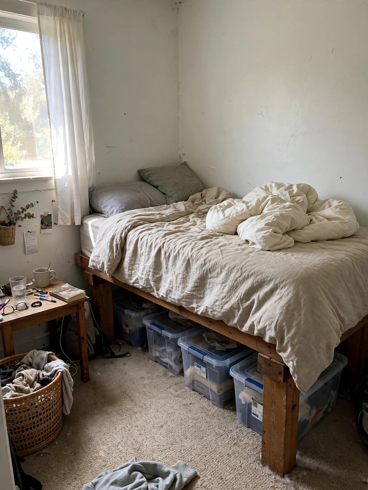 Bed raised on sturdy wooden risers showing taller clearance underneath with storage bins below