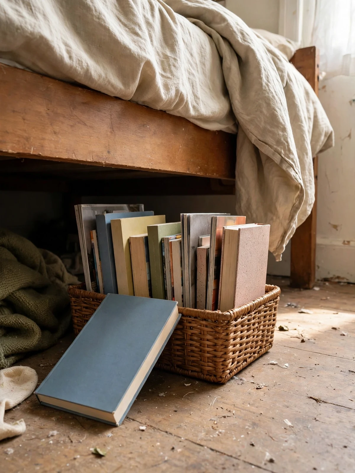 Low woven basket slid under a bed holding paperback books and magazines standing upright