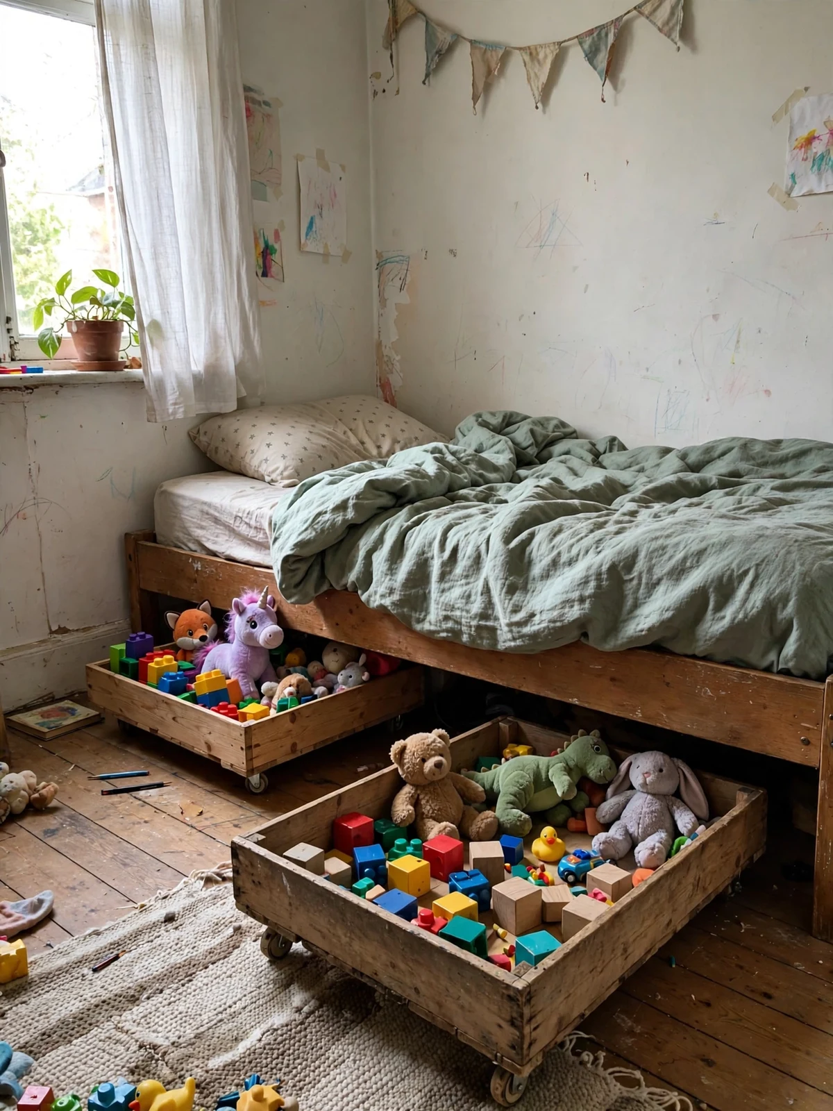 Shallow rolling crates on wheels under a low bed holding colorful kids toys and blocks