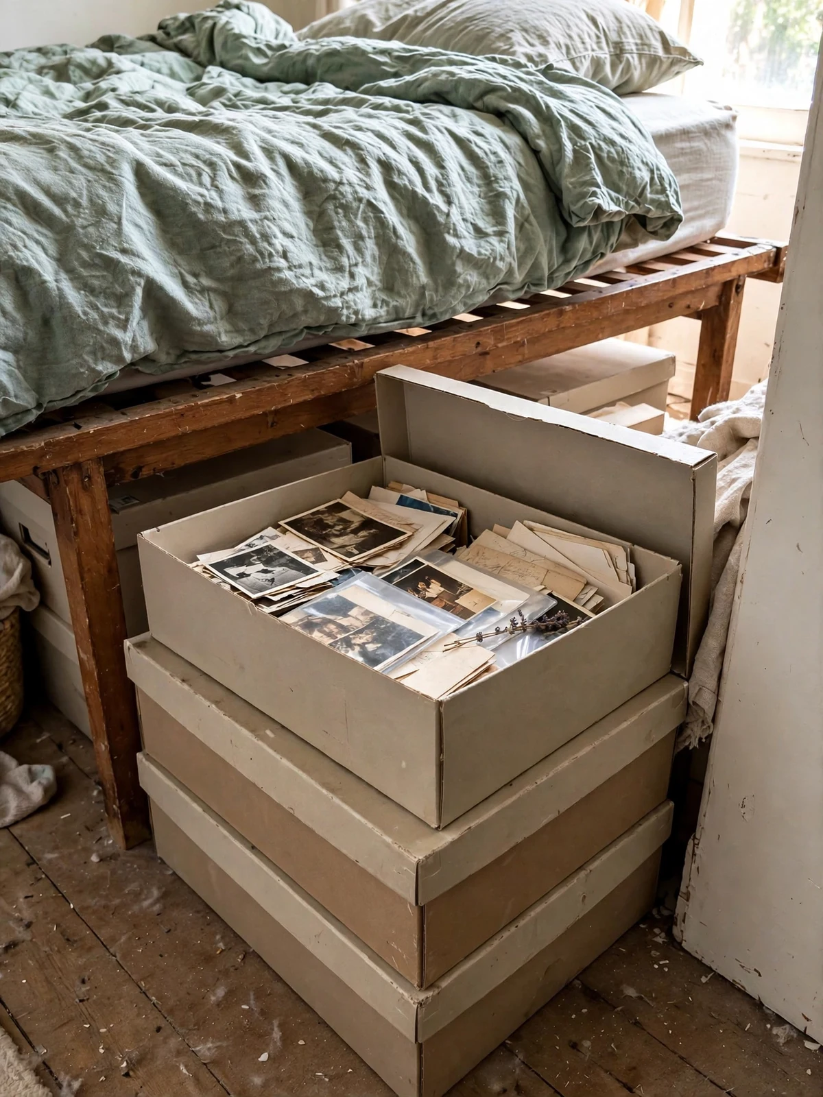 Neat lidded archival boxes under a bed, one open showing photos and keepsake letters inside