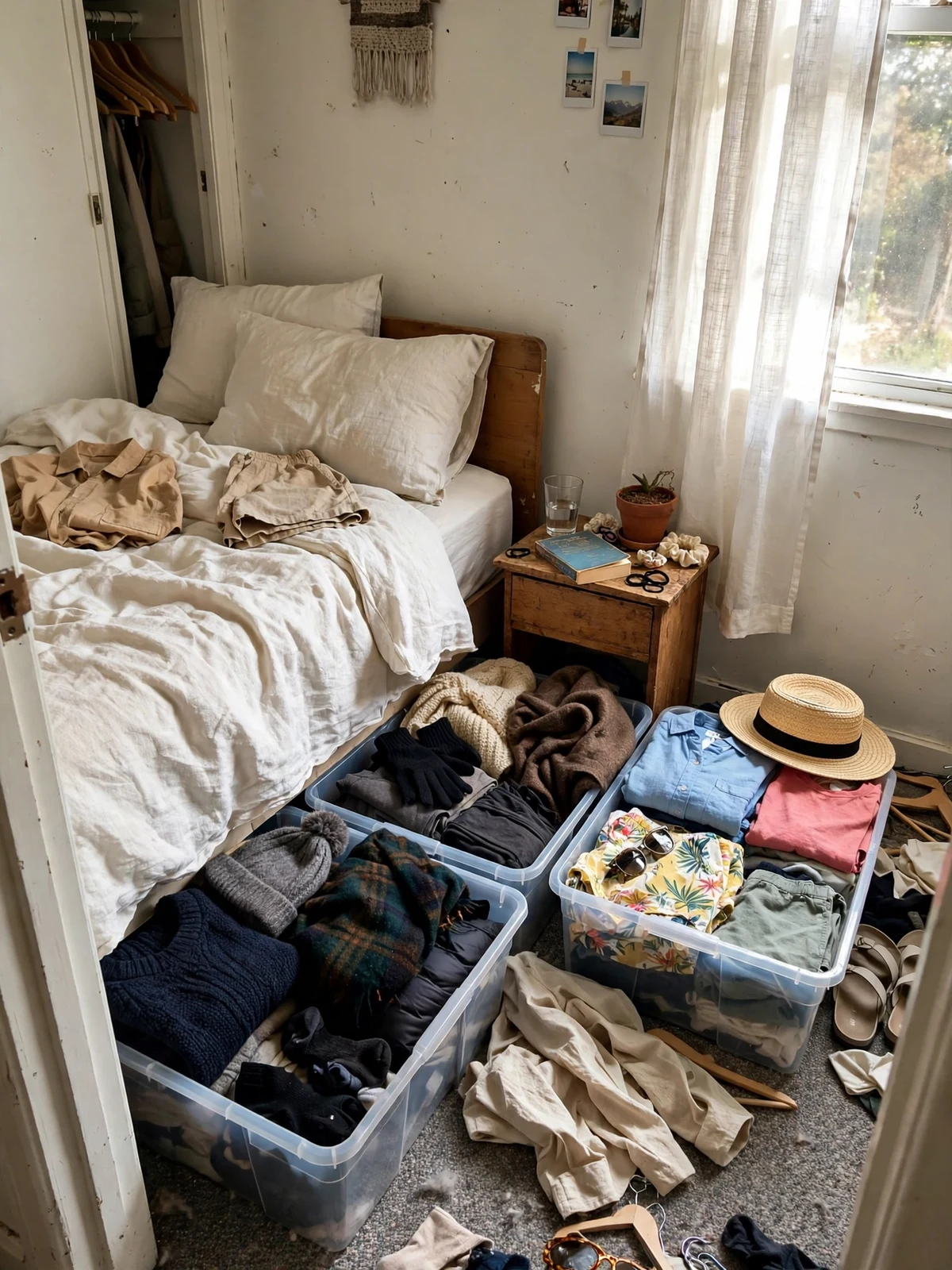 Under-bed bins pulled out during a seasonal swap with winter and summer clothes being exchanged